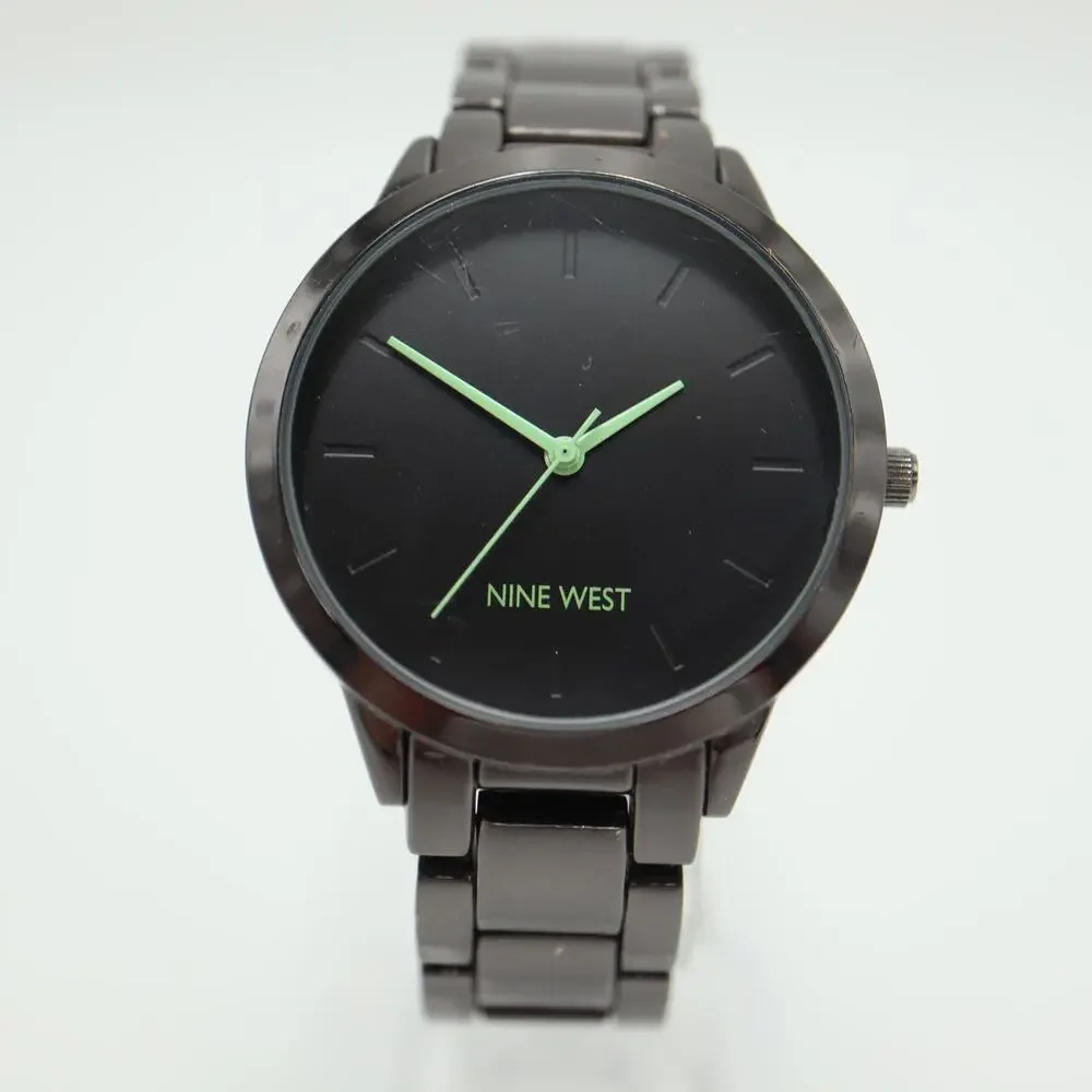 Nine West Black Green Tone Womens Watch 36mm Metal Bracelet with New Battery